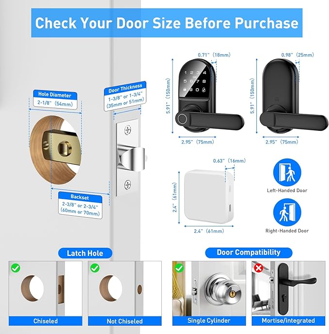 Smart keypad Door Lock with Handle,Fingerprint Keyless Entry Digital Lock with Built-in doorbell for Front Door,Bedroom,biometric Door knob,with Gateway Remote APP Control