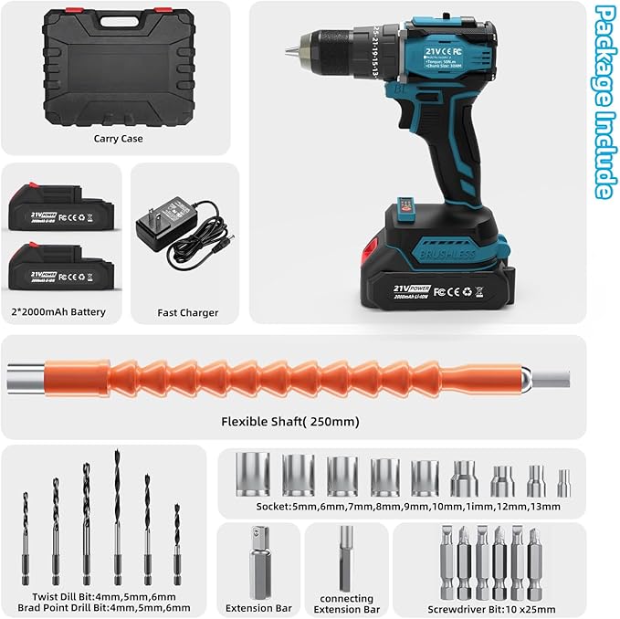 21V Cordless Power Drill/Driver Set, 80Nm Max Torque with 2 Batteries & Charger, 1/2 Inch Keyless Chuck, 3 Modes & 25 Position Torque Adjustment, 29Pcs Accessories for Home Use