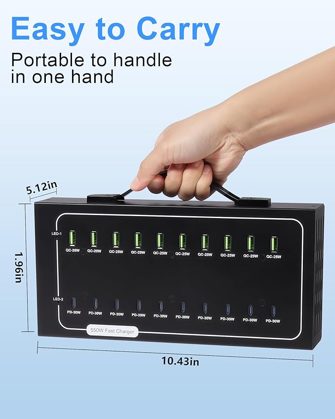 550W USB Charging Station, 20 Port Fast Charging Station for Multiple Devices, PD3.0/QC4.0 Multi-Protocol, Smart Power Delivery & Overload Protection for iPhone, iPad, Tablet, and More