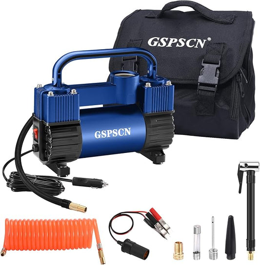 GSPSCN Blue Tire Inflator Heavy Duty Double Cylinders with Portable Bag - Car Accessories,Metal DC 12V Air Compressor Pump 150PSI w/Adapter for Car, Truck, SUV Tires, Dinghy, Air Bed, RV etc