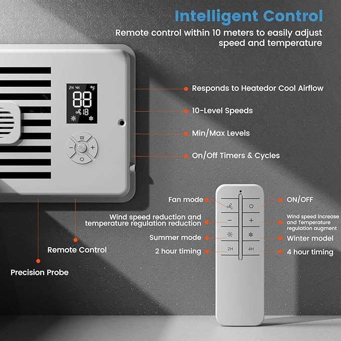 Ideashop Quiet Register Booster Fan Fits 4" x 10" Register Holes, Improves Heating & Cooling AC Vent Booster Fan, Smart Vent 10-Speed Adjustable with Thermostat & Remote Control, for Wall and Floor
