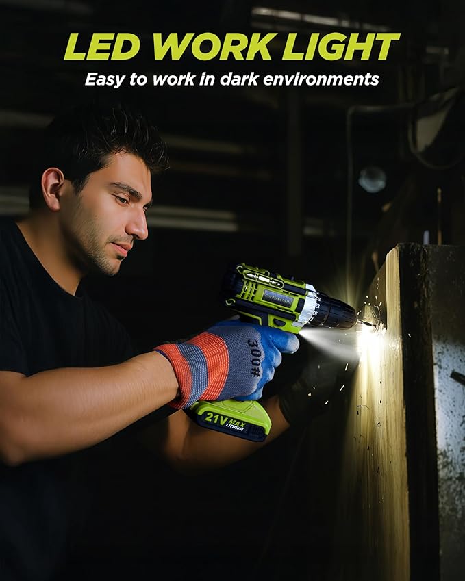 Drill, 21V Cordless Drill with Dual 2.0Ah Power Pack and Charger, Electric Power Drills Set, 3/8 Inch Chuck, 25+1 Torque, 2 Speed 29 Accessories Tool for DIY, Gifts