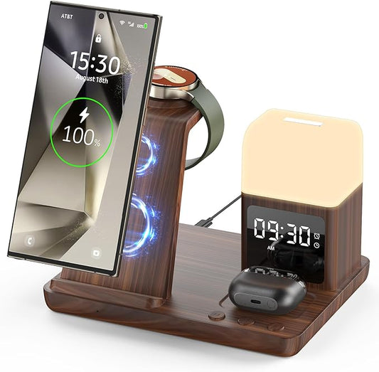 Wireless Charger for Samsung/Android, 6 in 1 Phone Nightstand Charging Station Charge with Alarm Clock/Light for Samsung S25/S24/S23 Ultra/Buds3 Pro,Watch Charger for Galaxy Watch 8/7/6/5-Woodgrain