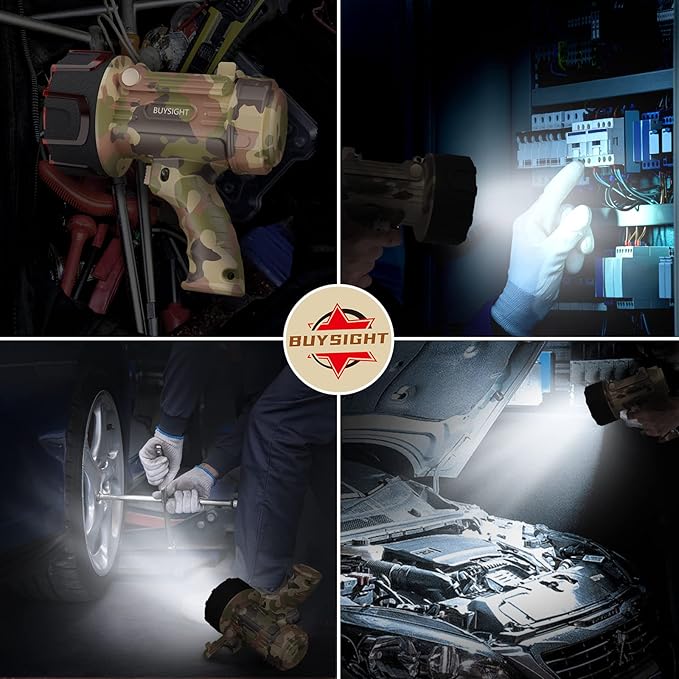 BUYSIGHT Rechargeable Spotlight Flashlight Floodlight,1000000 Lumen Hand held Spot Lights IP67 Waterproof COB Camping Lantern with red Filter(Camouflage Gray-COB)