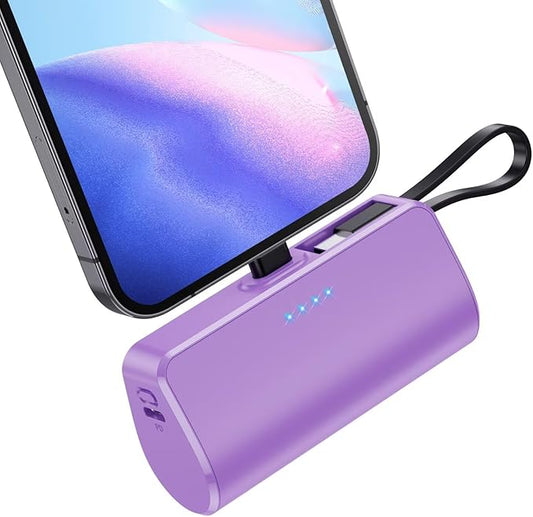 Mini Portable Charger for iPhone with Built-in Type-C Cable, 5200mAh Ultra-Compact Power Bank, PD 20W Fast Charging Battery Pack Phone Charger for iPhone 16/15/14/13, Samsung, Google, Android (Purple)