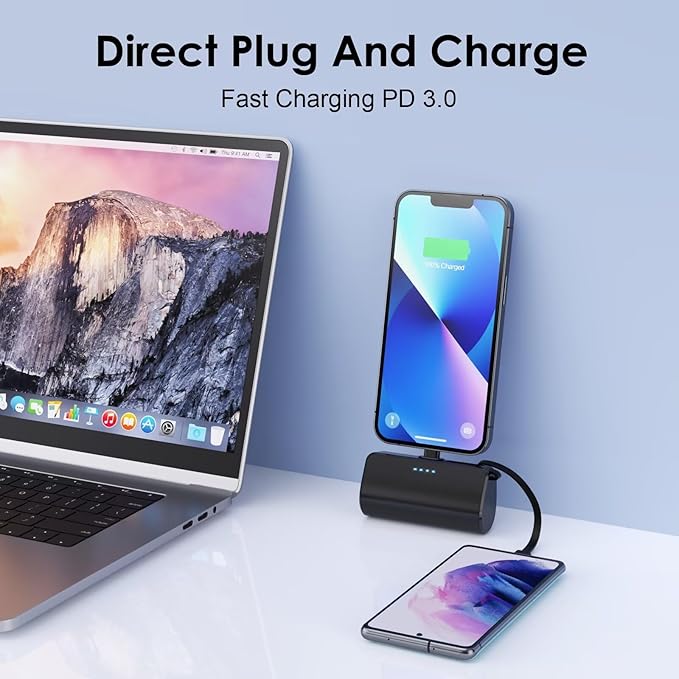 Mini Portable Charger for iPhone with Built-in Type-C Cable, 5200mAh Ultra-Compact Power Bank, PD 20W Fast Charging Battery Pack Phone Charger for iPhone 16/15/14/13/12, Samsung, Google, Android