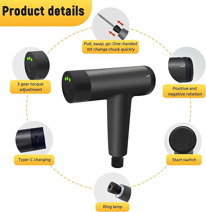 T-shaped Cordless Electric Screwdriver, Easy Pressing Adjustable Torque DIY Grade Rechargeable Battery Power Source