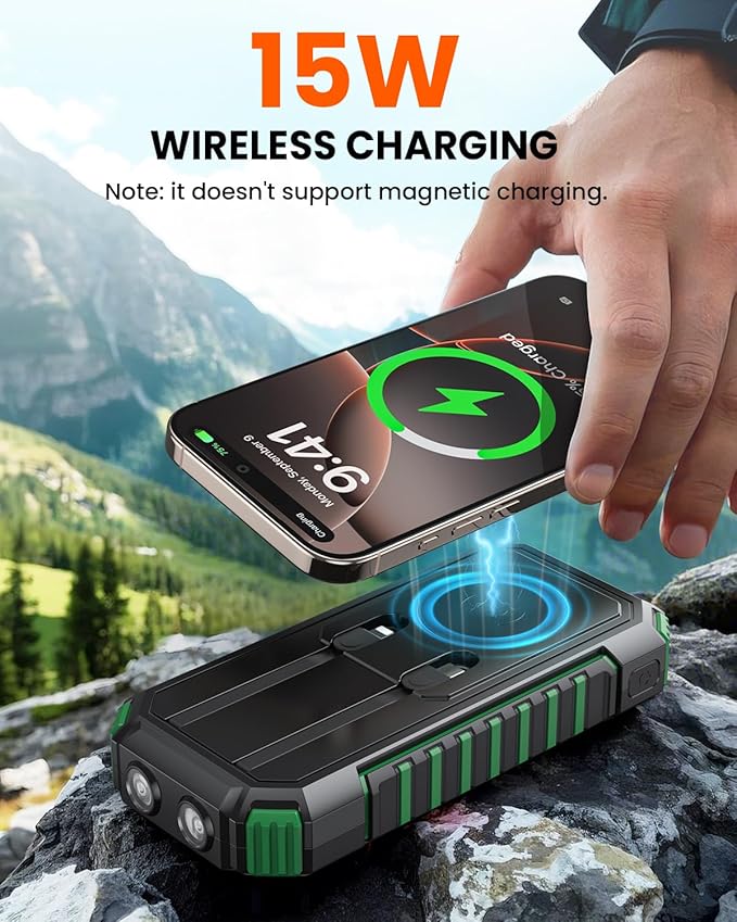 Riapow Solar Charger Power Bank, 27000mAh Wireless Portable Charger Built-in Cables, 22.5W Fast Charging Battery Bank with USB C in/Output, PD QC 3.0 Battery Pack Flashlights Outdoor (Green)