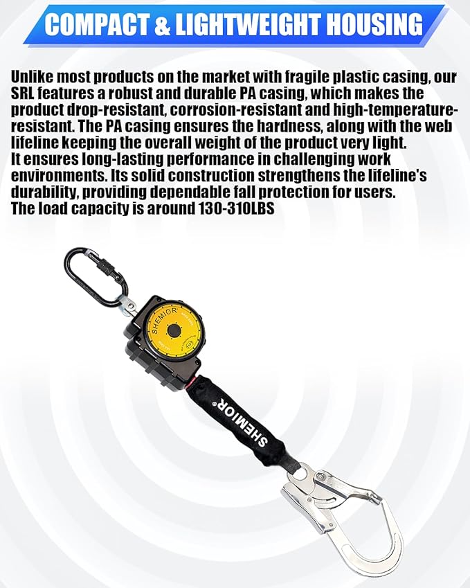 11FT Self Retracting Lifeline, Swivel Top Self Retractable Safety Lanyard, ANSI Lightweight Web SRL, Rebar Hook Fall Arrest Protection Gear