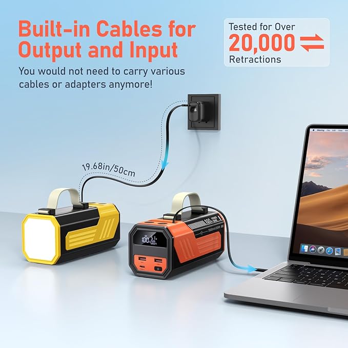 Laptop Power Bank,70,000mAh Portable Charger with 100W USB-C Ports, Built-in and Retractable Cables,100W Input, Fast Charging for MacBook Pro/Air/iPhone 16/iPad Pro/Galaxy S25 Ultra and More