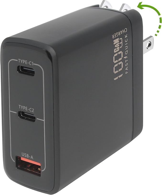 Fast 100W Dual USB-C Plus USB-A Charger - GaN Power Delivery - Fast Compact Power Adapter for Laptops, Smart Phones, Tablets and Thousands of Other Devices (Black, 100W)