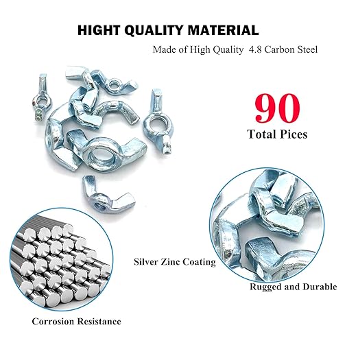 90 Pcs 5 Sizes 5/32",3/16",1/4",5/16",3/8" Wingnuts, Quality Carbon Steel Wing Nuts Zinc Plated Fasteners Parts Butterfly Nut, Hand Twist Tighten Hardware Nuts Butterfly Wing-Nut Assorted Kit