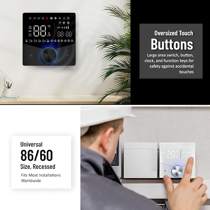 Central AC Thermostat Smart Energy Saving Control LED Panel Touch Key Thin Wall Mount Cool Lighting Effect WiFi Air Conditioner Thermostat for Home (White)