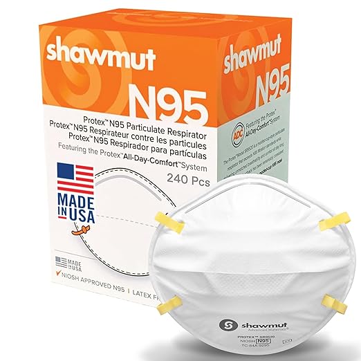 Shawmut Protex™ N95 Mask, Made in the USA NIOSH Approved, Particulate Respirators, Protective Face Mask for Dust, Construction, Medical, 12 Pack of 20 (Approval Number TC-84A-9295 / Model SR9520)