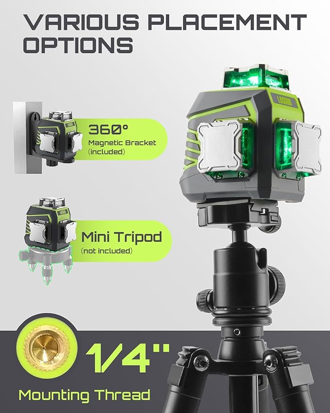 Laser Level 3x360° Self Leveling, 3D Green Cross Line Laser for Construction and Picture Hanging, Rechargeable Battery, Remote Control, Magnetic Rotating Stand Included - LG-3Dx