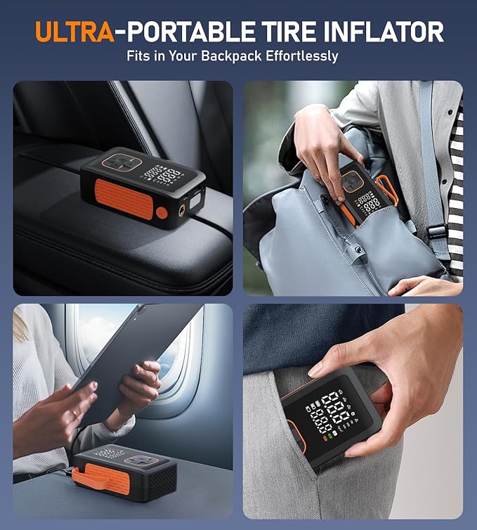 Tire Inflator Portable Air Compressor, 180PSI & 15000mAh Cordless Air Pump for Car Tires with Pressure Gauge, 3X Faster Tire Pump with Cigarette Lighter Plug for Car, Motorcycle, Bicycle, Ball(Black)