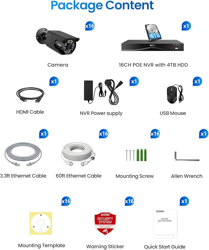 ZOSI 4K 16CH PoE Security Camera System, 16 x 8MP PoE IP Camera Outdoor Indoor with Human Detection, 100ft IR Night Vision, IP66 Weatherproof, 4K 16CH H.265+ NVR with 4TB HDD for 24/7 Audio Recording