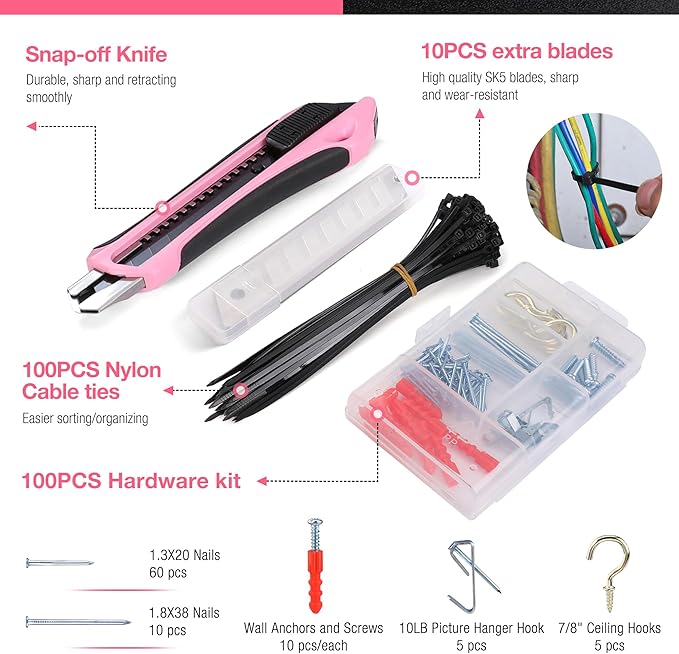 WORKPRO Pink Tool Set, 277 PCS Home Repairing Tool Kit, Pink Tool Bag with 13-Inch Wide Mouth Open Storage Bag, Portable Home Tool Kit Including Hammer, Screwdriver, and Household Tools - Pink Ribbon