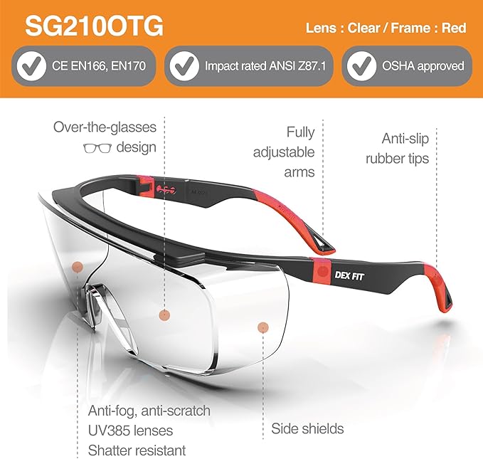 DEX FIT Safety Work Over Glasses SG210 OTG; 6 Pairs, Z87 for Men & Women, Fog & Scratch Resistant, Adjustable, UV Block (Black & Red Frame, Clear Lens)