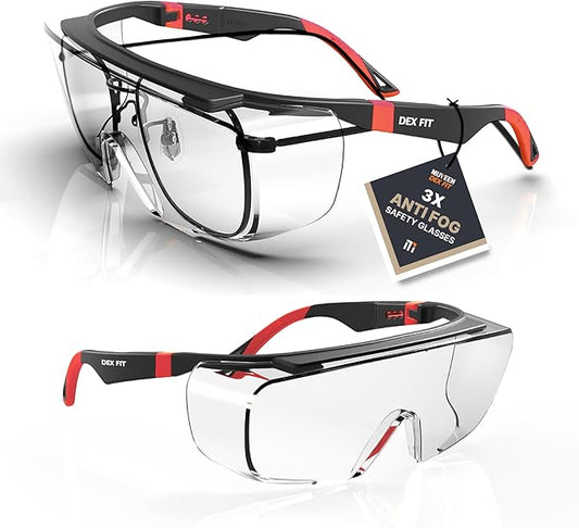DEX FIT Safety Over Glasses SG210 OTG; Fit Over Your Eyewear, Z87 Eye Protection, 3X Fog & Scratch Resistant (N Red)