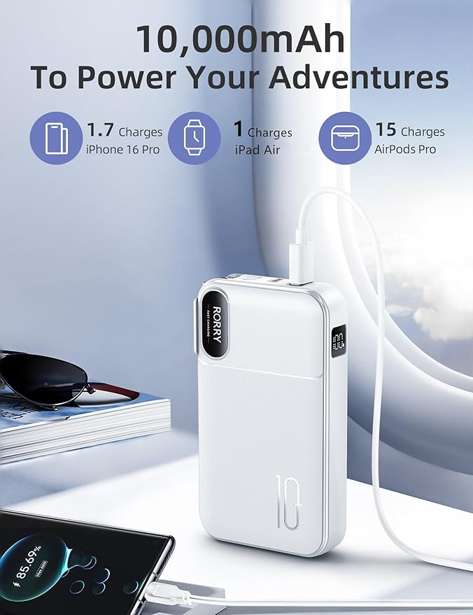 RORRY Portable Charger Built in Cables, AC Wall Plug In Portable Charger Power Bank 10000mAh Travel Battery Pack 22.5W Fast Charging for iPhone 16/15/14 Samsung Galaxy S24/S23/S22 Pixel LG iPad, White