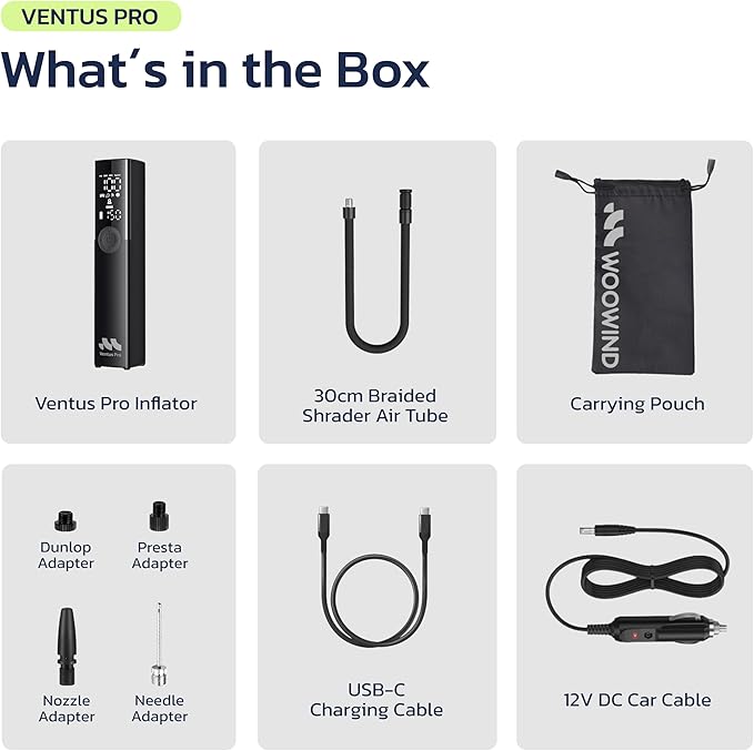 Tire Inflator Portable Air Compressor for Car, Bike, Motorcycle, SUV, Offroad & Truck - Fast Car Pump, 150 PSI, Cordless 12V DC, LED Display Emergency Light Woowind (Ventus pro)