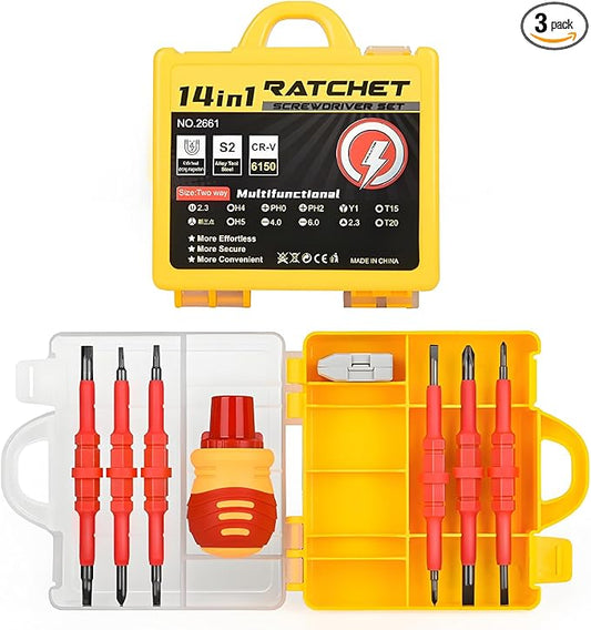 Insulated Screwdriver Set for Electricians – Ergonomic Handle, Magnetized Tips, Durable for Electrical Work, Receptacle & Outlet Screwdriver, Multi-Tool (Ratchet 14 in 1)