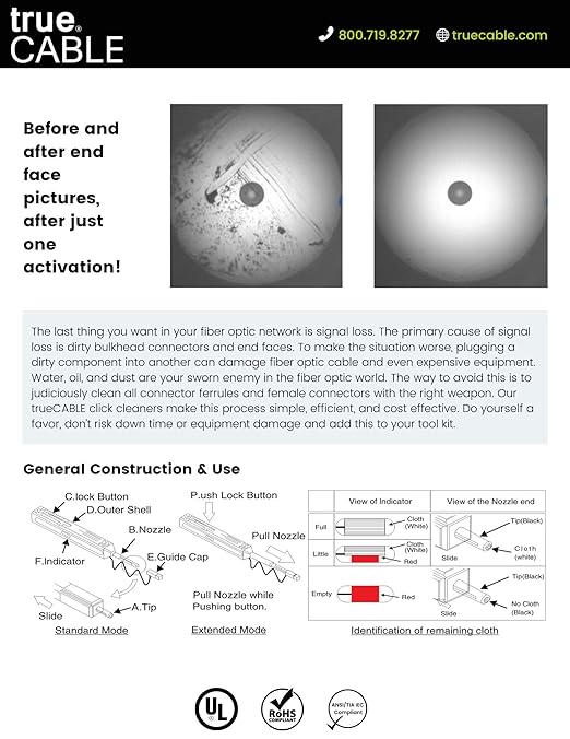 TRUE CABLE Fiber Optic Pen Click Cleaner, Dual Position, 1 PCS, LC/MU, 800+ Cleans, 1.25mm UPC/APC Connector Ferrules, Anti-Static, Endface Cleaning Pen