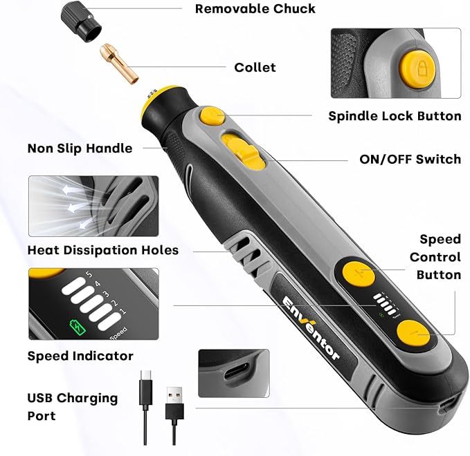 Enventor Cordless Rotary Tool, 8V Power Rotary Tool Kit with 123pcs Accessories, 5-Speed 30000RPM, USB Charging, Multi-Purpose Mini Rotary Tool for Sanding, Polishing, Engraving, Drilling, DIY Crafts
