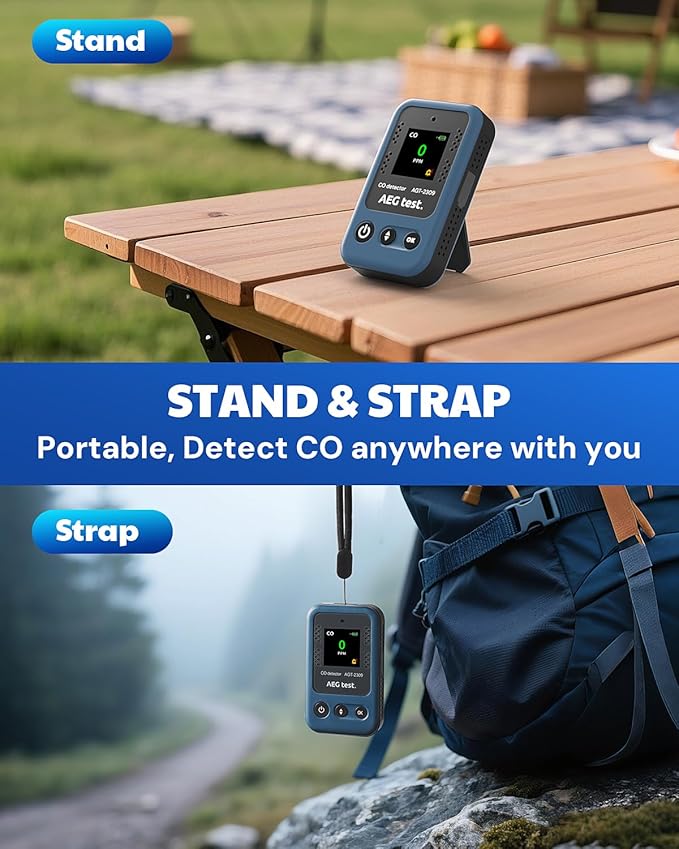 AGT-2309 Portable Carbon Monoxide Detector, 15-Day Standby, Rechargeable Mini CO Monitor with Lanyard for Travel & Camping, Handheld CO Meter with Audible & Visual Alerts, 0-1000ppm - Blue