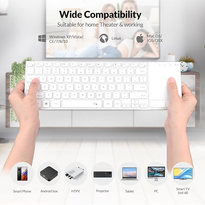Rii K22S 2.4G Wireless and Bluetooth Touch TV Keyboard with Easy Media Control and Built-in Touchpad,Stainless Steel Compact Keyboard for Windows, Android, Chrome OS, Laptop, Tablet - White