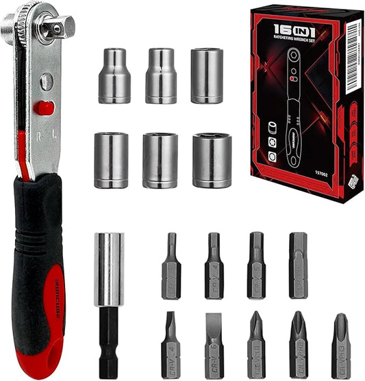 Angle Ratchet Screwdriver Set: 16 Piece Magnetic Bit & Socket with 90 degree Mini Offset Low Profile Reversible Drive Handle - DIY Bike Tight Spaces