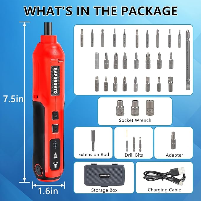 Electric Screwdriver Kit, Screwdriver 5 Torque Settings, Cordless electric screwdriver with LED work light, 36 screwdriver bits, 3 sockets, Magnetic Chuck,Color box tool storage set