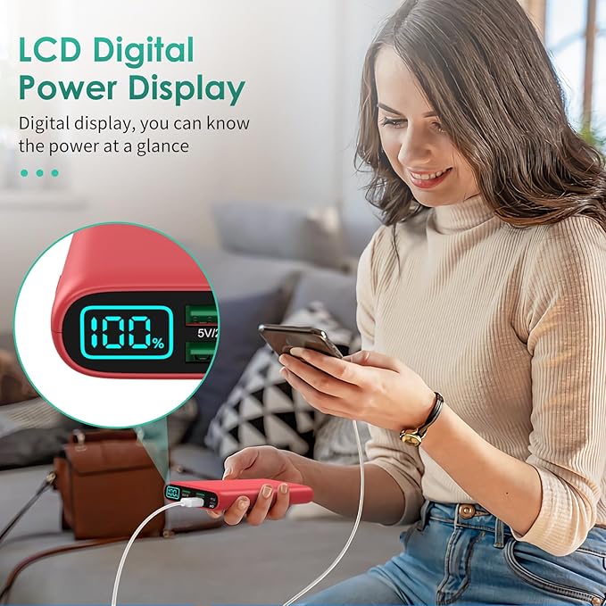 Portable Charger 38800mAh,LCD Display Power Bank,5 USB Outputs Battery Pack Backup,USB-C in&out Dual Input Phone Charging Compatible with iPhone 16/15/14/13 Pro,Android Samsung Galaxy Pixel Nexus-Red