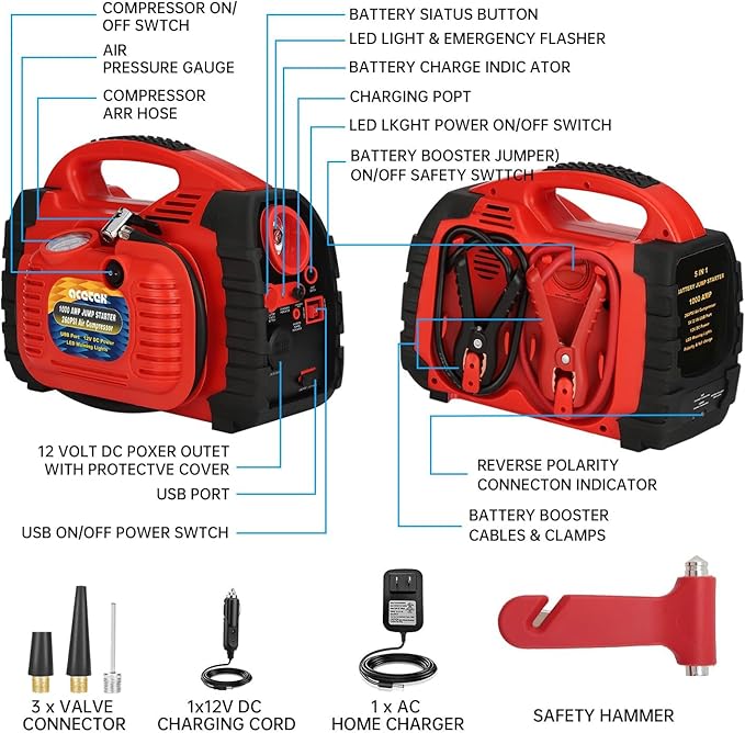 Jump Starter, acetek 1000Amp 12V Lead-Acid Battery Jump Starter with 260 PSI Air Compressor, Jump Box for Up to 5.0L Gas & 5.0L Diesel Engines, Portable Power Station with LED Light