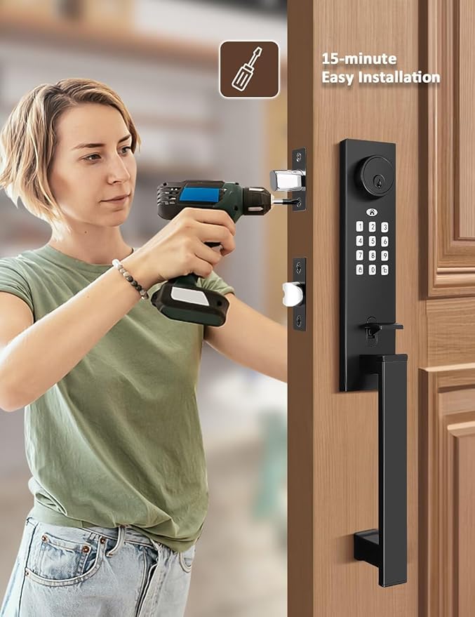 Smart Entry Door Lock Set, Electronic Full Escutcheon Door Handle, Digital Keypad Deadbolt with App, Heavy Duty Black Front Door Handle with Single Cylinder Deadbolt, Auto Locking
