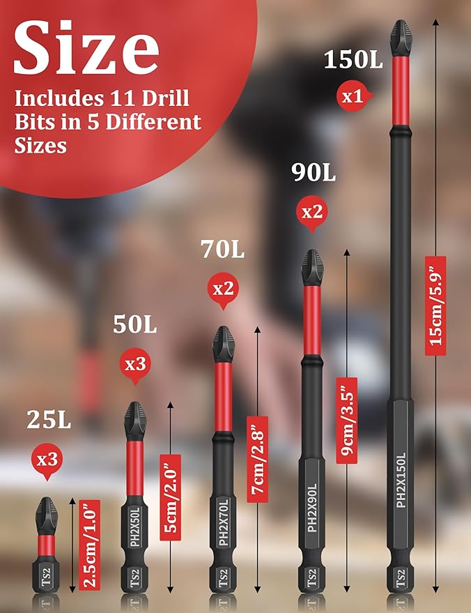 Tomorotec 11PCS Magnetic Phillips Screwdriver Drill Bit Set #2 - Anti-Slip, Shock-Absorbent, Compatible with Impact & Electric Screwdrivers (Red)