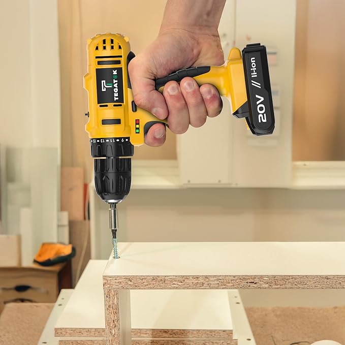 Cordless Drill Set, 3/8 Drill Handheld Screwdriver Kit with 18+1 Torque Setting, 20V Electric Drills Tools Bit, LED Electric Power Drills with Battery and Charger, Yellow