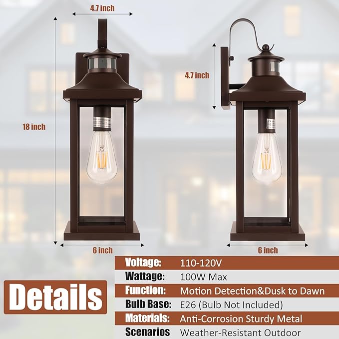 1-Pack 18 Inch Oil Rubbed Bronze Motion Sensor Outdoor Wall Lantern IP65 Waterproof, Large Brown Dusk to Dawn Outdoor Light for House Clear Glass Outside Wall Mounted Lamps Front Door