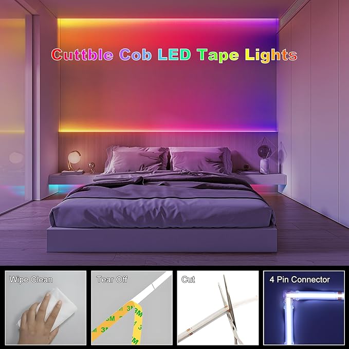 20FT LED Strip Lights COB Smart IC, 24V RGB LED Lights for Bedroom with RF Remote Smart App Button Controller Music Sync Color Changing Strip Lights for Game Room Kitchen Cabinet Lighting