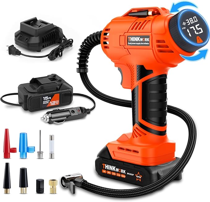Tire Inflator Portable Air Compressor, Cordless Car Tire Pump with 20V Rechargeable Battery, 12V Car Power Adapter, Digital Pressure Gauge, 150 PSI Handheld Air Pump for Car, Motorcycle, and Bike