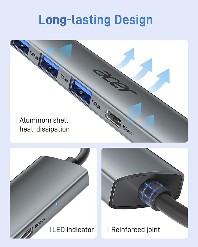 Acer USB C Hub 10Gbps, USB 3.2 Gen 2 Adapter with 3 USB-A & 1 USB-C Ports, High Speed Type C Multiport Splitter for MacBook, iPhone 16/15, iPad, Surface Pro, Chromebook, Dell XPS and More