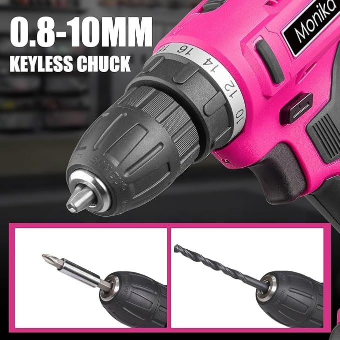 Monika 12V Pink Lithium Cordless Drill Bit Set Kits Screw Bits Sockets 18+1 Torque Setting, LED Light, Electric Power Drill Driver for Home, Office DIY and Wall Drilling, Wood, Metal W/Battery