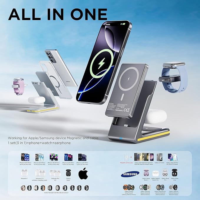 Wireless Charger 5 in 1 Magnetic Charging Station Stand with Portable Power Bank for Apple/Samsung Multiple Devices for Apple Watch 10-2,iPhone 16 15-12 Pro Max/Samsung Galaxy S25 Ultra S24-S8