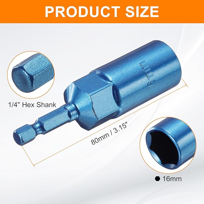 HARFINGTON Nut Driver 16mm Hex Drive Socket CR-V Steel Power Screw Drill Bits Socket Wrench Tools with 1/4" Quick Change Hex Shank for Power Drills Impact Drivers, Blue