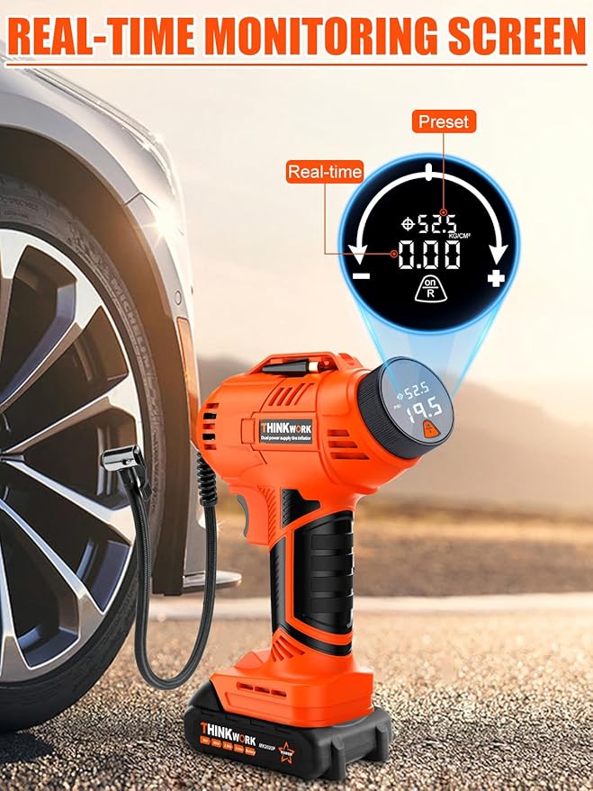 Tire Inflator Portable Air Compressor, Cordless Car Tire Pump with 20V Rechargeable Battery, 12V Car Power Adapter, Digital Pressure Gauge, 150 PSI Handheld Air Pump for Car, Motorcycle, and Bike