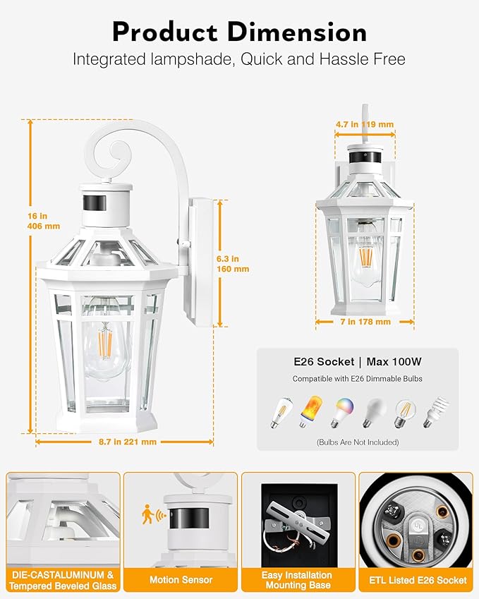 2 Pack Motion Sensor Outdoor Wall Lantern, White Outdoor Garage Lighting Fixtures Wall Mount, Waterproof Front Porch Lights with E26 Base, Exterior Sconce Light with Adjustable Sense Range