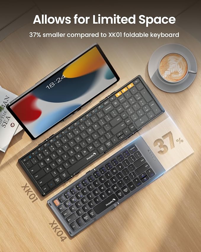 ProtoArc Foldable Compact Keyboard, XK04 Portable Bluetooth Keyboard with PU Leather Cover, Pocket-Sized Wireless Travel Keyboards for iPad, iPhone, Smartphone, Tablet and Laptop- Gray