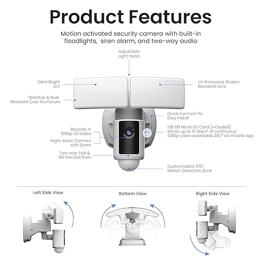 Feit Electric SEC5000/CAM/WIFI Outdoor LED Smart Security Camera with Motion Sensor, 2-Way Audio, 5000 Lumens Floodlight, Works with Alexa and Google Asst, Alarm, Hardwired, Updated Version of SEC3000