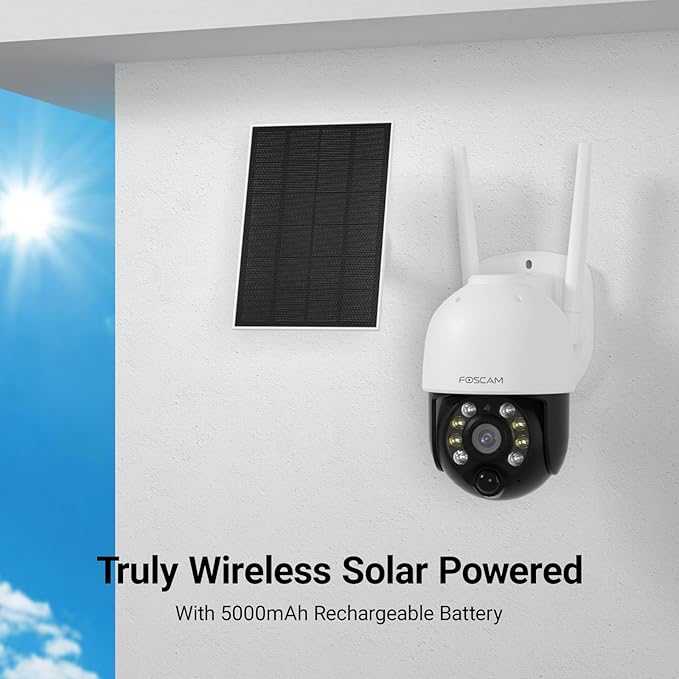 FOSCAM Solar Security Cameras Wireless Outdoor, 4MP 5000mAh Battery Powered WiFi Camera for Home Surveillance with Spotlights,Remote PT Control,PIR Human Detection,Color Night Vision,2-Way Audio,IP65